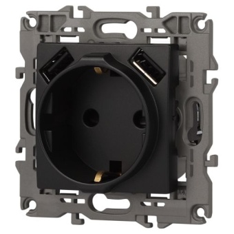 Розетка 16А 250В 2P+E с 2хUSB 5В-3А защ. шторки Elegance антрацит 14-4109-05 ЭРА Б0047871