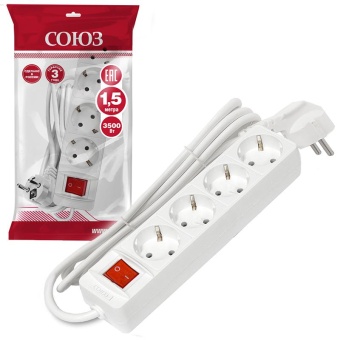 Удлинитель 4х1.5м с заземл. 16А IP20 3х1 с выкл. бел. Союз 2792