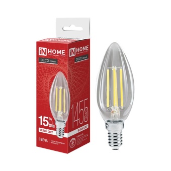 Лампа светодиодная филаментная LED-СВЕЧА-deco свеча прозрачная 15Вт 230В E14 4000К 1455лм IN HOME 4690612055954