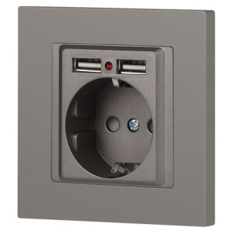 Розетка 1-м СП Accent 6-410-09 16А IP20 250В P+E Schuko + 2хUSB защ. шторки титан Intro Б0063711