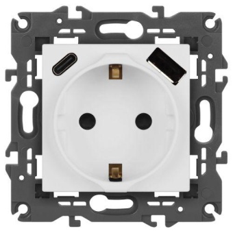 Розетка Elegance 14-4108-01М 16A 250В 2P+E защ. шторки с USB type-A+C 3А 5В матов. бел. Эра Б0067710