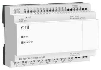 Модуль ЦПУ ПЛК 410 8 DI 6 UI (0-10В/DI) 8 RO 12В-24В DC или 24В AC с Ethernet портом без экрана ONI PLC-410-CPU-14U08R-0AD-00