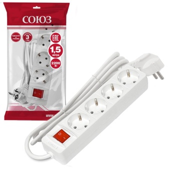 Удлинитель 4х1.5м с заземл. 10А IP20 2.2кВт ПВС 3х1 с выкл. бел. Союз 2789