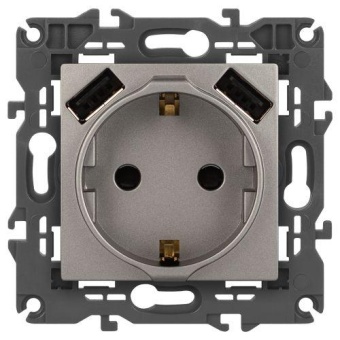 Розетка Elegance 14-4109-16 16A 250В 2P+E защ. штор. с 2xUSB 3А 5В титан Эра Б0065775