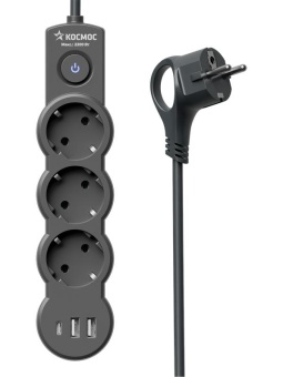 Удлинитель 3х5м с заземл. 10А IP20 USB 2800Вт 220В ПВС 3х1 с выкл. черн. КОСМОС YKsm5m3g-Z-VU10А-B