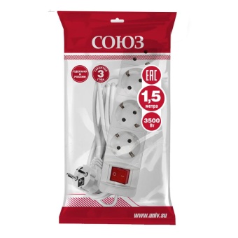 Удлинитель 4х1.5м с заземл. 16А IP20 3х1 с выкл. бел. Союз 2792