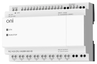 Модуль ЦПУ ПЛК 410 8 DI 6 UI (0-10В/DI) 8 RO 12В-24В DC или 24В AC с Ethernet портом без экрана ONI PLC-410-CPU-14U08R-0AD-00