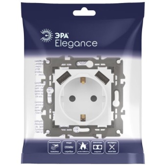 Розетка 16А 250В 2P+E с 2хUSB 5В-3А защ. шторки Elegance бел. 14-4109-01 ЭРА Б0047867