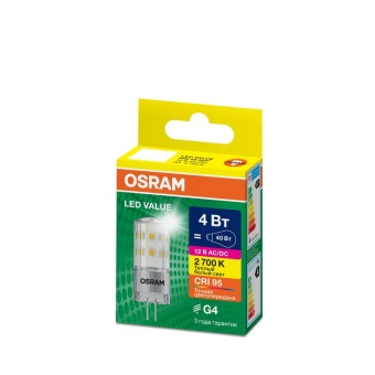 Лампа светодиодная LED G4 Value LVPIN40 4W/927 CRI95 4Вт 2700К 460лм капсульная прозр. G4 12-12В OSRAM 4610590510269