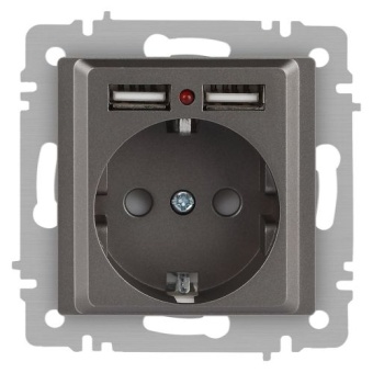 Розетка 1-м СП Accent 6-410-09 16А IP20 250В P+E Schuko + 2хUSB защ. шторки титан Intro Б0063711