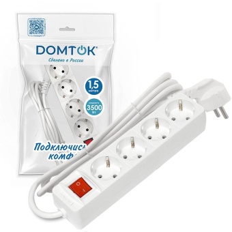 Удлинитель 4х1.5м с заземл. 16А IP20 3х1 с выкл. бел. DOMTOK 2374