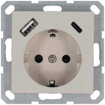 Розетка Shuko 16А с заземл. защ. шторки с 2-мя заряд. устройствами USB тип A+C 25Вт механизм тауп Jasmart G5501USB-25T