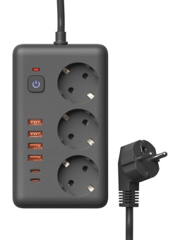 Удлинитель с сетевым фильтром 3х5м 10А 4USB + 2USBC 2500Вт ПВС 3х1 прямоуг. черн. КОСМОС FKsmPR-5m-3g(B)USB