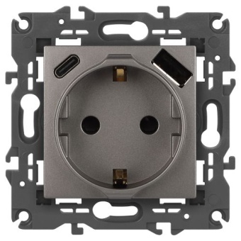 Розетка Elegance 14-4108-16 16A 250В 2P+E защ. шторки с USB type-A+C 3А 5В титан Эра Б0067695