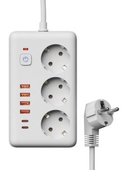 Удлинитель с сетевым фильтром 3х5м 10А 4USB + 2USBC 2500Вт ПВС 3х1 прямоуг. бел. КОСМОС FKsmPR-5m-3g(W)USB