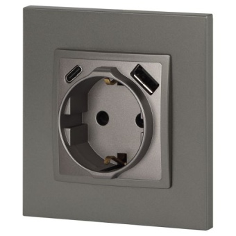 Розетка Elegance 14-4108-16 16A 250В 2P+E защ. шторки с USB type-A+C 3А 5В титан Эра Б0067695