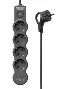 Удлинитель 3х5м с заземл. 10А IP20 USB 2500Вт 220В ПВС 3х1 с выкл. черн. КОСМОС YKsm5m4g-Z-VU10А-B